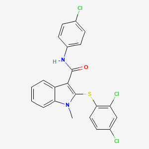 molecular formula C22H15Cl3N2OS B3140902 N-(4-chlorophenyl)-2-[(2,4-dichlorophenyl)sulfanyl]-1-methyl-1H-indole-3-carboxamide CAS No. 478049-49-9