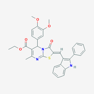 molecular formula C33H29N3O5S B314093 ethyl 5-(3,4-dimethoxyphenyl)-7-methyl-3-oxo-2-[(2-phenyl-1H-indol-3-yl)methylene]-2,3-dihydro-5H-[1,3]thiazolo[3,2-a]pyrimidine-6-carboxylate 