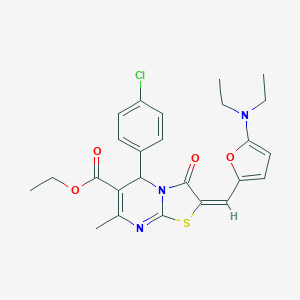 molecular formula C25H26ClN3O4S B314099 ETHYL (2E)-5-(4-CHLOROPHENYL)-2-{[5-(DIETHYLAMINO)FURAN-2-YL]METHYLIDENE}-7-METHYL-3-OXO-2H,3H,5H-[1,3]THIAZOLO[3,2-A]PYRIMIDINE-6-CARBOXYLATE 