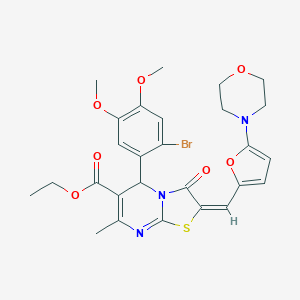 molecular formula C27H28BrN3O7S B314103 ETHYL (2E)-5-(2-BROMO-4,5-DIMETHOXYPHENYL)-7-METHYL-2-{[5-(MORPHOLIN-4-YL)FURAN-2-YL]METHYLIDENE}-3-OXO-2H,3H,5H-[1,3]THIAZOLO[3,2-A]PYRIMIDINE-6-CARBOXYLATE 