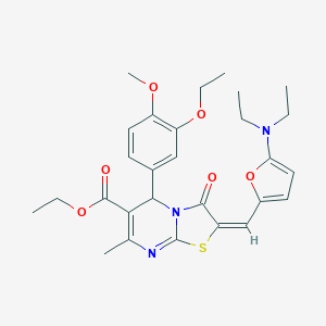 molecular formula C28H33N3O6S B314105 ETHYL (2E)-2-{[5-(DIETHYLAMINO)FURAN-2-YL]METHYLIDENE}-5-(3-ETHOXY-4-METHOXYPHENYL)-7-METHYL-3-OXO-2H,3H,5H-[1,3]THIAZOLO[3,2-A]PYRIMIDINE-6-CARBOXYLATE 