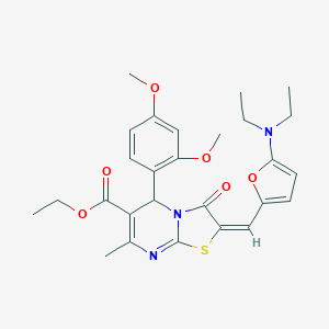molecular formula C27H31N3O6S B314108 ETHYL (2E)-2-{[5-(DIETHYLAMINO)FURAN-2-YL]METHYLIDENE}-5-(2,4-DIMETHOXYPHENYL)-7-METHYL-3-OXO-2H,3H,5H-[1,3]THIAZOLO[3,2-A]PYRIMIDINE-6-CARBOXYLATE 