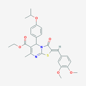 molecular formula C28H30N2O6S B314167 ETHYL (2Z)-2-[(3,4-DIMETHOXYPHENYL)METHYLIDENE]-7-METHYL-3-OXO-5-[4-(PROPAN-2-YLOXY)PHENYL]-2H,3H,5H-[1,3]THIAZOLO[3,2-A]PYRIMIDINE-6-CARBOXYLATE 