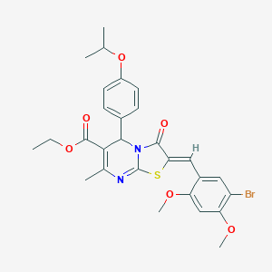 molecular formula C28H29BrN2O6S B314169 ETHYL (2Z)-2-[(5-BROMO-2,4-DIMETHOXYPHENYL)METHYLIDENE]-7-METHYL-3-OXO-5-[4-(PROPAN-2-YLOXY)PHENYL]-2H,3H,5H-[1,3]THIAZOLO[3,2-A]PYRIMIDINE-6-CARBOXYLATE 