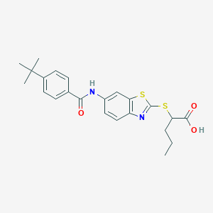 molecular formula C23H26N2O3S2 B314235 2-({6-[(4-tert-butylbenzoyl)amino]-1,3-benzothiazol-2-yl}sulfanyl)pentanoic acid 