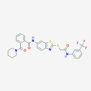 molecular formula C29H25F3N4O3S2 B314296 N-[2-({2-oxo-2-[3-(trifluoromethyl)anilino]ethyl}sulfanyl)-1,3-benzothiazol-6-yl]-2-(1-piperidinylcarbonyl)benzamide 