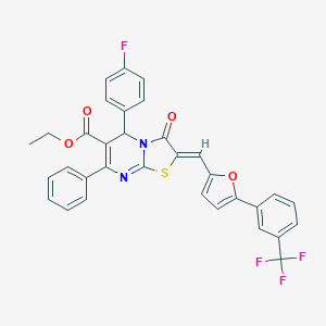molecular formula C33H22F4N2O4S B314509 ethyl 5-(4-fluorophenyl)-3-oxo-7-phenyl-2-({5-[3-(trifluoromethyl)phenyl]-2-furyl}methylene)-2,3-dihydro-5H-[1,3]thiazolo[3,2-a]pyrimidine-6-carboxylate 