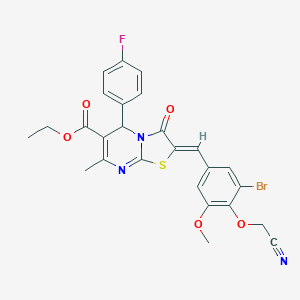 molecular formula C26H21BrFN3O5S B314517 ETHYL (2Z)-2-{[3-BROMO-4-(CYANOMETHOXY)-5-METHOXYPHENYL]METHYLIDENE}-5-(4-FLUOROPHENYL)-7-METHYL-3-OXO-2H,3H,5H-[1,3]THIAZOLO[3,2-A]PYRIMIDINE-6-CARBOXYLATE 