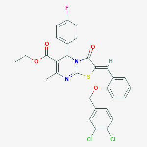 molecular formula C30H23Cl2FN2O4S B314522 ETHYL (2Z)-2-({2-[(3,4-DICHLOROPHENYL)METHOXY]PHENYL}METHYLIDENE)-5-(4-FLUOROPHENYL)-7-METHYL-3-OXO-2H,3H,5H-[1,3]THIAZOLO[3,2-A]PYRIMIDINE-6-CARBOXYLATE 