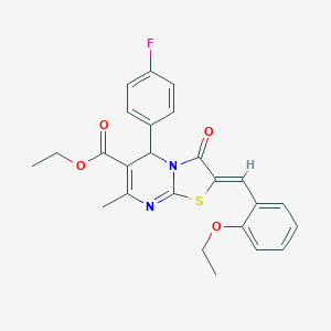 molecular formula C25H23FN2O4S B314525 ETHYL (2Z)-2-[(2-ETHOXYPHENYL)METHYLIDENE]-5-(4-FLUOROPHENYL)-7-METHYL-3-OXO-2H,3H,5H-[1,3]THIAZOLO[3,2-A]PYRIMIDINE-6-CARBOXYLATE 