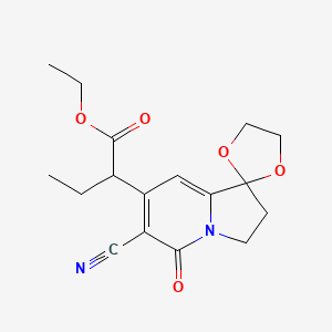 molecular formula C17H20N2O5 B3145935 Ethyl 2-(6'-cyano-5'-oxo-2',3'-dihydro-5'h-spiro[1,3-dioxolane-2,1'-indolizin]-7'-yl)butanoate CAS No. 58610-66-5