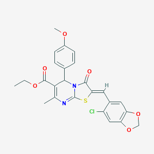 molecular formula C25H21ClN2O6S B314601 ETHYL (2Z)-2-[(6-CHLORO-2H-1,3-BENZODIOXOL-5-YL)METHYLIDENE]-5-(4-METHOXYPHENYL)-7-METHYL-3-OXO-2H,3H,5H-[1,3]THIAZOLO[3,2-A]PYRIMIDINE-6-CARBOXYLATE 