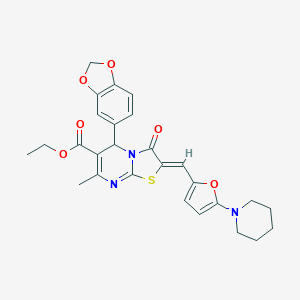 molecular formula C27H27N3O6S B314604 ETHYL (2Z)-5-(2H-1,3-BENZODIOXOL-5-YL)-7-METHYL-3-OXO-2-{[5-(PIPERIDIN-1-YL)FURAN-2-YL]METHYLIDENE}-2H,3H,5H-[1,3]THIAZOLO[3,2-A]PYRIMIDINE-6-CARBOXYLATE 