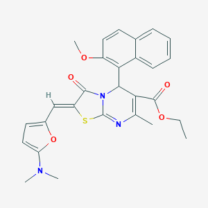 molecular formula C28H27N3O5S B314609 ETHYL (2Z)-2-{[5-(DIMETHYLAMINO)FURAN-2-YL]METHYLIDENE}-5-(2-METHOXYNAPHTHALEN-1-YL)-7-METHYL-3-OXO-2H,3H,5H-[1,3]THIAZOLO[3,2-A]PYRIMIDINE-6-CARBOXYLATE 