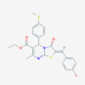 molecular formula C24H21FN2O3S2 B314613 ETHYL (2Z)-2-[(4-FLUOROPHENYL)METHYLIDENE]-7-METHYL-5-[4-(METHYLSULFANYL)PHENYL]-3-OXO-2H,3H,5H-[1,3]THIAZOLO[3,2-A]PYRIMIDINE-6-CARBOXYLATE 