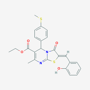 molecular formula C24H22N2O4S2 B314618 ETHYL (2Z)-2-[(2-HYDROXYPHENYL)METHYLIDENE]-7-METHYL-5-[4-(METHYLSULFANYL)PHENYL]-3-OXO-2H,3H,5H-[1,3]THIAZOLO[3,2-A]PYRIMIDINE-6-CARBOXYLATE 