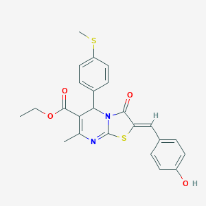 molecular formula C24H22N2O4S2 B314619 ETHYL (2Z)-2-[(4-HYDROXYPHENYL)METHYLIDENE]-7-METHYL-5-[4-(METHYLSULFANYL)PHENYL]-3-OXO-2H,3H,5H-[1,3]THIAZOLO[3,2-A]PYRIMIDINE-6-CARBOXYLATE 