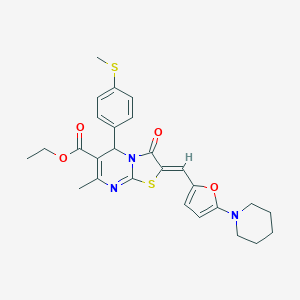 molecular formula C27H29N3O4S2 B314623 ETHYL (2Z)-7-METHYL-5-[4-(METHYLSULFANYL)PHENYL]-3-OXO-2-{[5-(PIPERIDIN-1-YL)FURAN-2-YL]METHYLIDENE}-2H,3H,5H-[1,3]THIAZOLO[3,2-A]PYRIMIDINE-6-CARBOXYLATE 