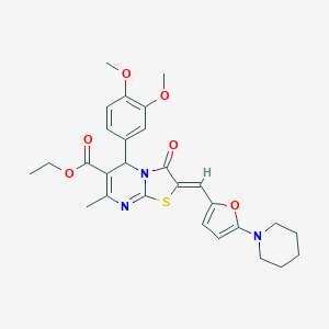 molecular formula C28H31N3O6S B314632 ETHYL (2Z)-5-(3,4-DIMETHOXYPHENYL)-7-METHYL-3-OXO-2-{[5-(PIPERIDIN-1-YL)FURAN-2-YL]METHYLIDENE}-2H,3H,5H-[1,3]THIAZOLO[3,2-A]PYRIMIDINE-6-CARBOXYLATE 