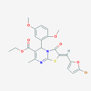 molecular formula C23H21BrN2O6S B314635 ETHYL (2Z)-2-[(5-BROMOFURAN-2-YL)METHYLIDENE]-5-(2,5-DIMETHOXYPHENYL)-7-METHYL-3-OXO-2H,3H,5H-[1,3]THIAZOLO[3,2-A]PYRIMIDINE-6-CARBOXYLATE 