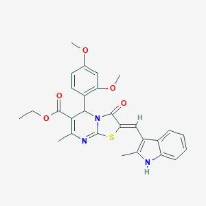 molecular formula C28H27N3O5S B314640 ETHYL (2Z)-5-(2,4-DIMETHOXYPHENYL)-7-METHYL-2-[(2-METHYL-1H-INDOL-3-YL)METHYLIDENE]-3-OXO-2H,3H,5H-[1,3]THIAZOLO[3,2-A]PYRIMIDINE-6-CARBOXYLATE 