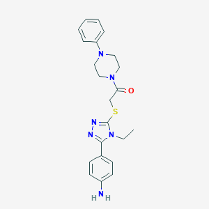 molecular formula C22H26N6OS B315685 2-[[5-(4-Aminophenyl)-4-ethyl-1,2,4-triazol-3-yl]sulfanyl]-1-(4-phenylpiperazin-1-yl)ethanone 