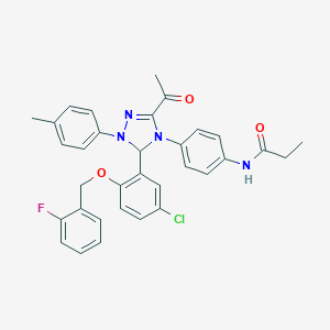molecular formula C33H30ClFN4O3 B315965 N-{4-[3-acetyl-5-{5-chloro-2-[(2-fluorobenzyl)oxy]phenyl}-1-(4-methylphenyl)-1,5-dihydro-4H-1,2,4-triazol-4-yl]phenyl}propanamide 