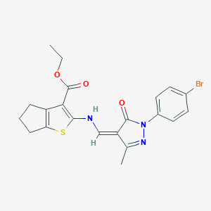 molecular formula C21H20BrN3O3S B316059 ethyl 2-[[(Z)-[1-(4-bromophenyl)-3-methyl-5-oxopyrazol-4-ylidene]methyl]amino]-5,6-dihydro-4H-cyclopenta[b]thiophene-3-carboxylate 