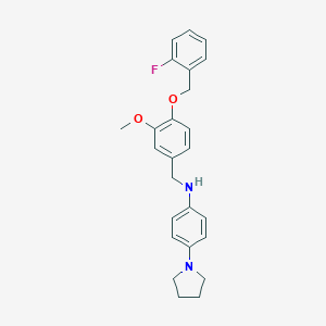 molecular formula C25H27FN2O2 B316292 N-({4-[(2-FLUOROPHENYL)METHOXY]-3-METHOXYPHENYL}METHYL)-4-(PYRROLIDIN-1-YL)ANILINE 