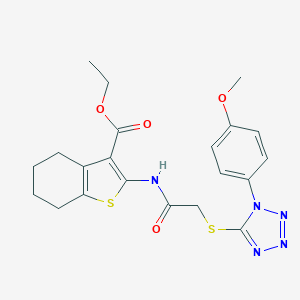 molecular formula C21H23N5O4S2 B317083 ETHYL 2-(2-{[1-(4-METHOXYPHENYL)-1H-1,2,3,4-TETRAZOL-5-YL]SULFANYL}ACETAMIDO)-4,5,6,7-TETRAHYDRO-1-BENZOTHIOPHENE-3-CARBOXYLATE 