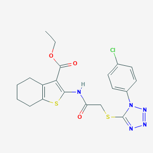 molecular formula C20H20ClN5O3S2 B317085 ETHYL 2-(2-{[1-(4-CHLOROPHENYL)-1H-1,2,3,4-TETRAZOL-5-YL]SULFANYL}ACETAMIDO)-4,5,6,7-TETRAHYDRO-1-BENZOTHIOPHENE-3-CARBOXYLATE 