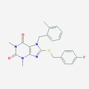 molecular formula C22H21FN4O2S B317250 8-{[(4-FLUOROPHENYL)METHYL]SULFANYL}-1,3-DIMETHYL-7-[(2-METHYLPHENYL)METHYL]-2,3,6,7-TETRAHYDRO-1H-PURINE-2,6-DIONE 