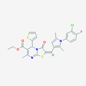molecular formula C27H23ClFN3O3S2 B317429 ethyl 2-{[1-(3-chloro-4-fluorophenyl)-2,5-dimethyl-1H-pyrrol-3-yl]methylene}-7-methyl-3-oxo-5-(2-thienyl)-2,3-dihydro-5H-[1,3]thiazolo[3,2-a]pyrimidine-6-carboxylate 