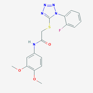 molecular formula C17H16FN5O3S B317470 N-(3,4-DIMETHOXYPHENYL)-2-{[1-(2-FLUOROPHENYL)-1H-1,2,3,4-TETRAZOL-5-YL]SULFANYL}ACETAMIDE 