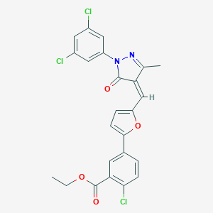 molecular formula C24H17Cl3N2O4 B317483 ethyl 2-chloro-5-(5-{[1-(3,5-dichlorophenyl)-3-methyl-5-oxo-1,5-dihydro-4H-pyrazol-4-ylidene]methyl}-2-furyl)benzoate 