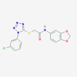 molecular formula C16H12ClN5O3S B317612 N-(2H-1,3-BENZODIOXOL-5-YL)-2-{[1-(3-CHLOROPHENYL)-1H-1,2,3,4-TETRAZOL-5-YL]SULFANYL}ACETAMIDE 