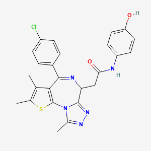 molecular formula C25H22ClN5O2S B3179679 2-[7-(4-chlorophenyl)-4,5,13-trimethyl-3-thia-1,8,11,12-tetrazatricyclo[8.3.0.02,6]trideca-2(6),4,7,10,12-pentaen-9-yl]-N-(4-hydroxyphenyl)acetamide CAS No. 1983196-25-3