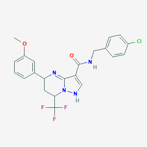 molecular formula C22H20ClF3N4O2 B318267 N-[(4-chlorophenyl)methyl]-5-(3-methoxyphenyl)-7-(trifluoromethyl)-1,5,6,7-tetrahydropyrazolo[1,5-a]pyrimidine-3-carboxamide 