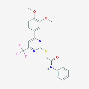 molecular formula C21H18F3N3O3S B318320 2-{[4-(3,4-dimethoxyphenyl)-6-(trifluoromethyl)-2-pyrimidinyl]sulfanyl}-N-phenylacetamide 