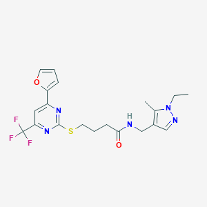 molecular formula C20H22F3N5O2S B318341 N-[(1-ethyl-5-methyl-1H-pyrazol-4-yl)methyl]-4-{[4-(furan-2-yl)-6-(trifluoromethyl)pyrimidin-2-yl]sulfanyl}butanamide 