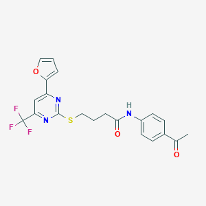 molecular formula C21H18F3N3O3S B318347 N-(4-acetylphenyl)-4-{[4-(furan-2-yl)-6-(trifluoromethyl)pyrimidin-2-yl]sulfanyl}butanamide 