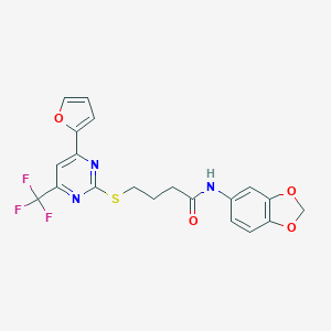 molecular formula C20H16F3N3O4S B318348 N-(2H-1,3-BENZODIOXOL-5-YL)-4-{[4-(FURAN-2-YL)-6-(TRIFLUOROMETHYL)PYRIMIDIN-2-YL]SULFANYL}BUTANAMIDE 