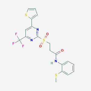 molecular formula C19H16F3N3O3S3 B318363 N-[2-(methylsulfanyl)phenyl]-3-{[4-(thiophen-2-yl)-6-(trifluoromethyl)pyrimidin-2-yl]sulfonyl}propanamide 