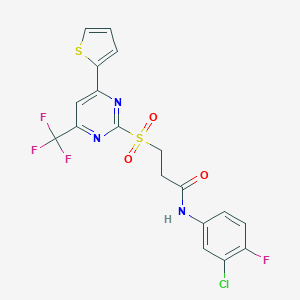 molecular formula C18H12ClF4N3O3S2 B318366 N-(3-chloro-4-fluorophenyl)-3-{[4-(thiophen-2-yl)-6-(trifluoromethyl)pyrimidin-2-yl]sulfonyl}propanamide 