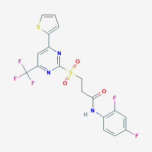 molecular formula C18H12F5N3O3S2 B318367 N-(2,4-DIFLUOROPHENYL)-3-{[4-(THIOPHEN-2-YL)-6-(TRIFLUOROMETHYL)PYRIMIDIN-2-YL]SULFONYL}PROPANAMIDE 