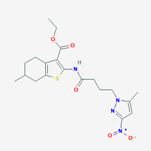 molecular formula C20H26N4O5S B318411 ETHYL 6-METHYL-2-[4-(5-METHYL-3-NITRO-1H-PYRAZOL-1-YL)BUTANAMIDO]-4,5,6,7-TETRAHYDRO-1-BENZOTHIOPHENE-3-CARBOXYLATE 