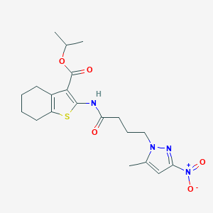 molecular formula C20H26N4O5S B318412 PROPAN-2-YL 2-[4-(5-METHYL-3-NITRO-1H-PYRAZOL-1-YL)BUTANAMIDO]-4,5,6,7-TETRAHYDRO-1-BENZOTHIOPHENE-3-CARBOXYLATE 