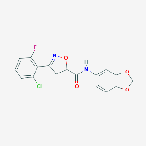 molecular formula C17H12ClFN2O4 B318428 N-(1,3-benzodioxol-5-yl)-3-(2-chloro-6-fluorophenyl)-4,5-dihydro-5-isoxazolecarboxamide 