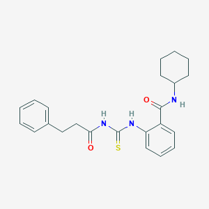 molecular formula C23H27N3O2S B319114 N-cyclohexyl-2-({[(3-phenylpropanoyl)amino]carbothioyl}amino)benzamide 