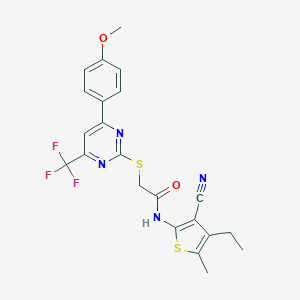 molecular formula C22H19F3N4O2S2 B319654 N-(3-cyano-4-ethyl-5-methyl-2-thienyl)-2-{[4-(4-methoxyphenyl)-6-(trifluoromethyl)-2-pyrimidinyl]sulfanyl}acetamide 